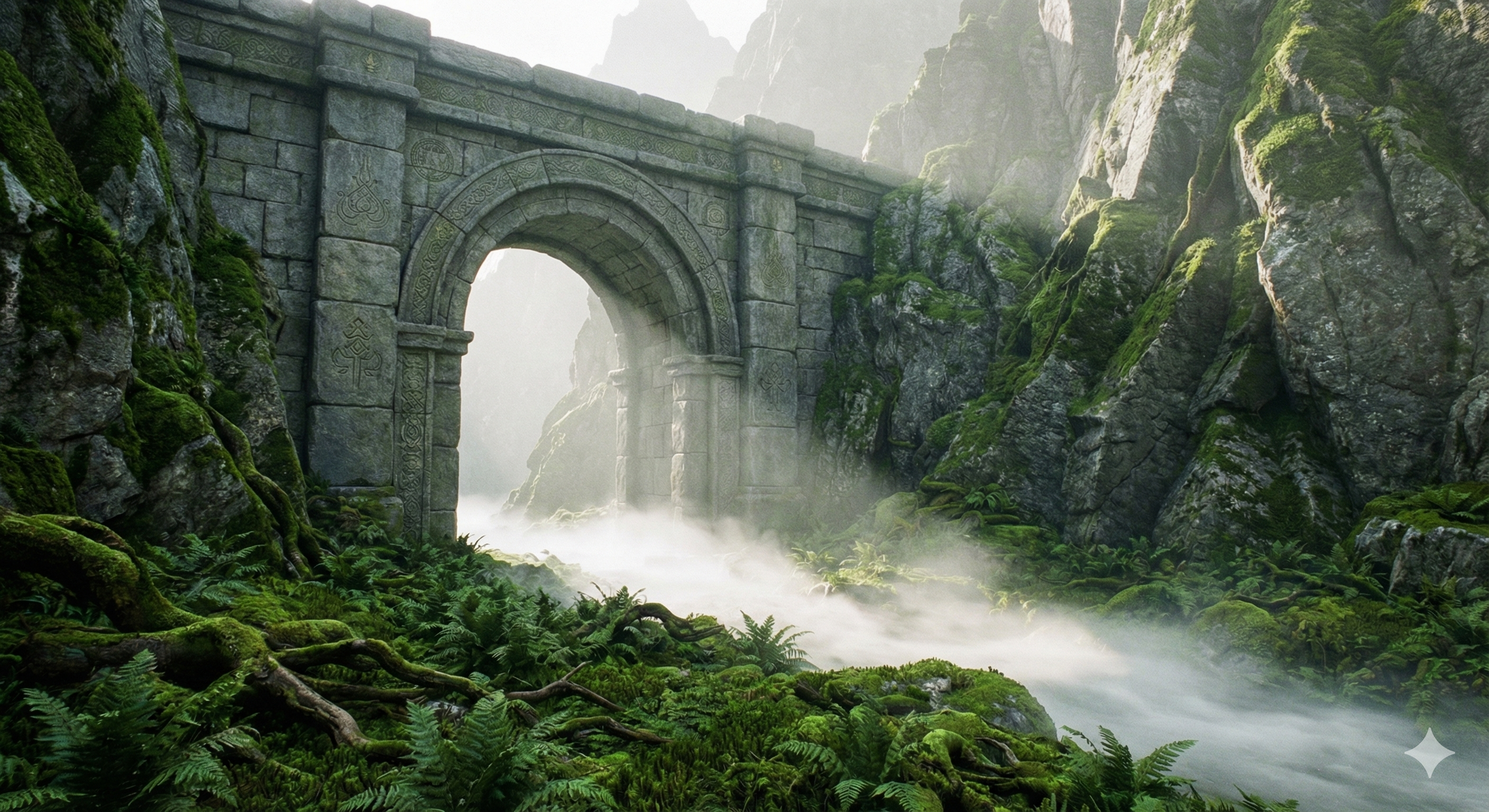 Mossy stone archway shrouded in mist