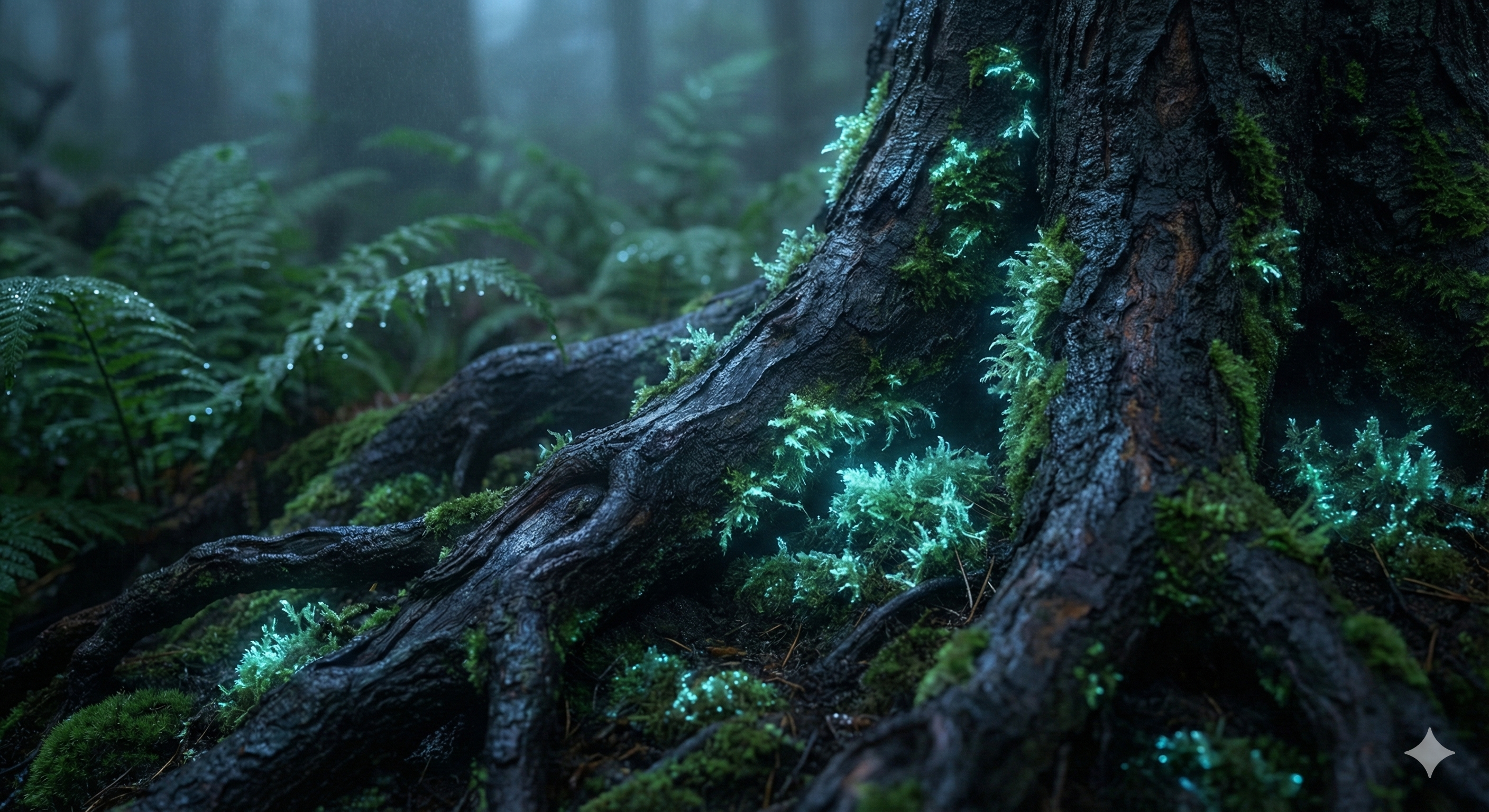 Close up of tree roots glowing with bioluminescent moss